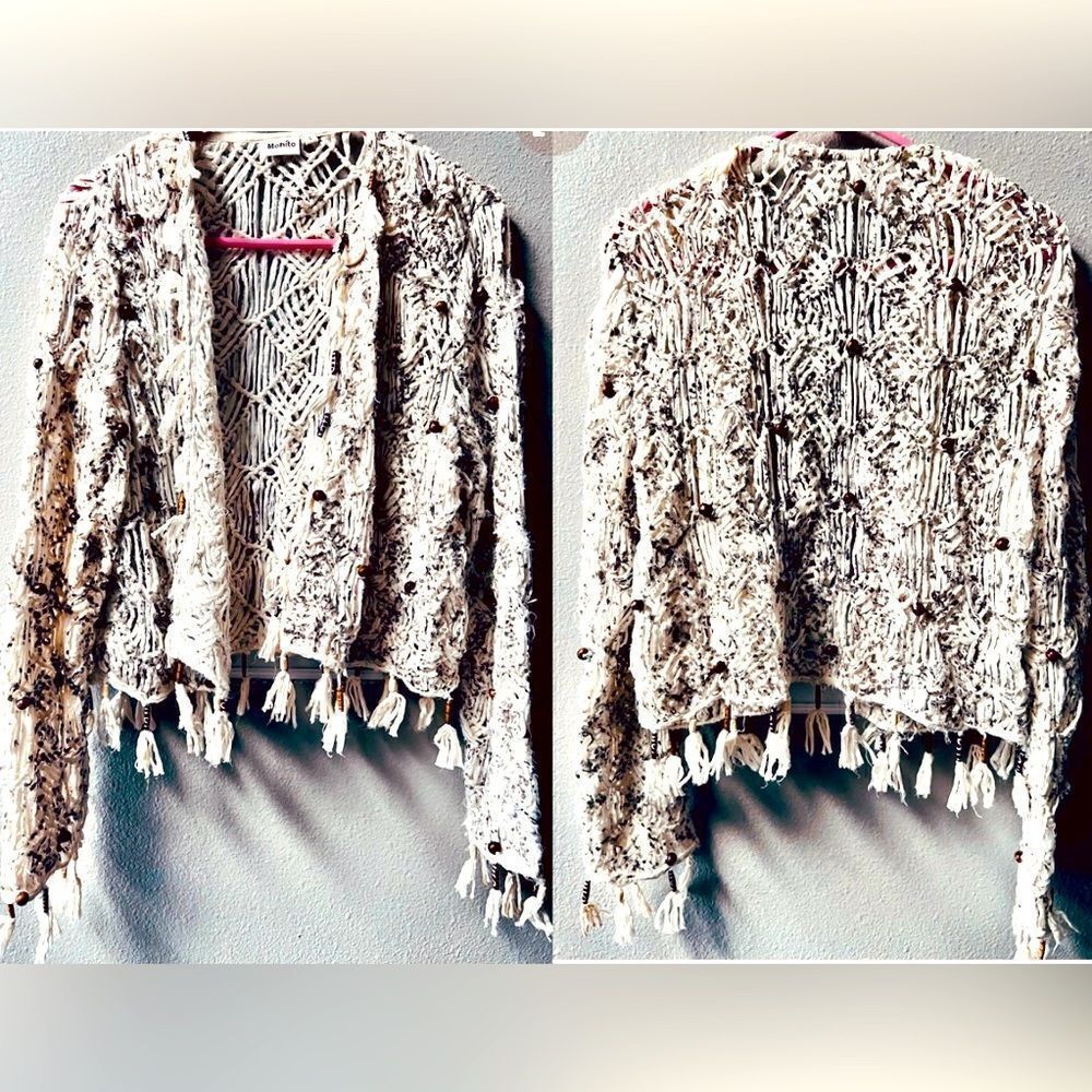 MOHÍTO ITALY MACRAMÉ OPEN KNIT OPEN FRONT SWEATER SIZE L